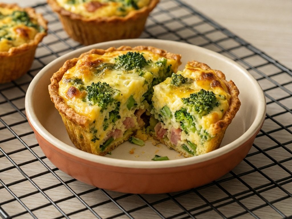 Golden mini quiches in a shallow container, one halved to show broccoli and cheddar