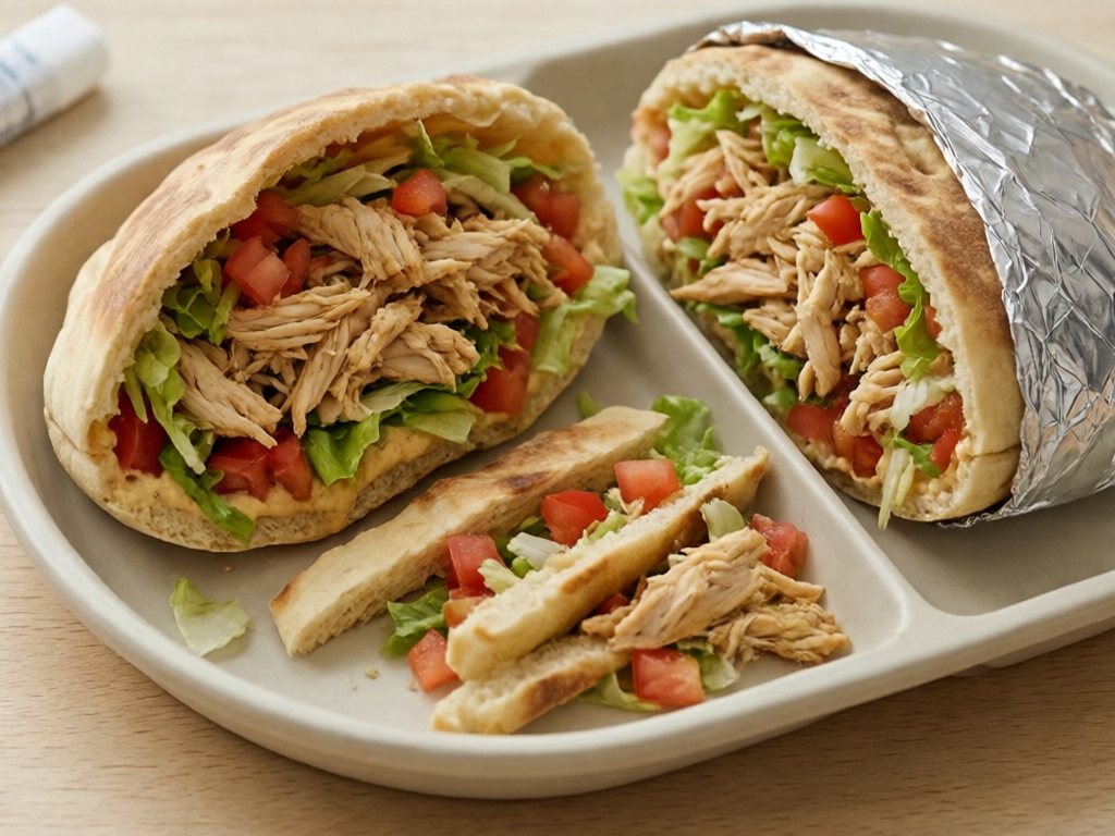 Halved pita pocket filled with shredded chicken, tomato and lettuce beside narrow pita strips