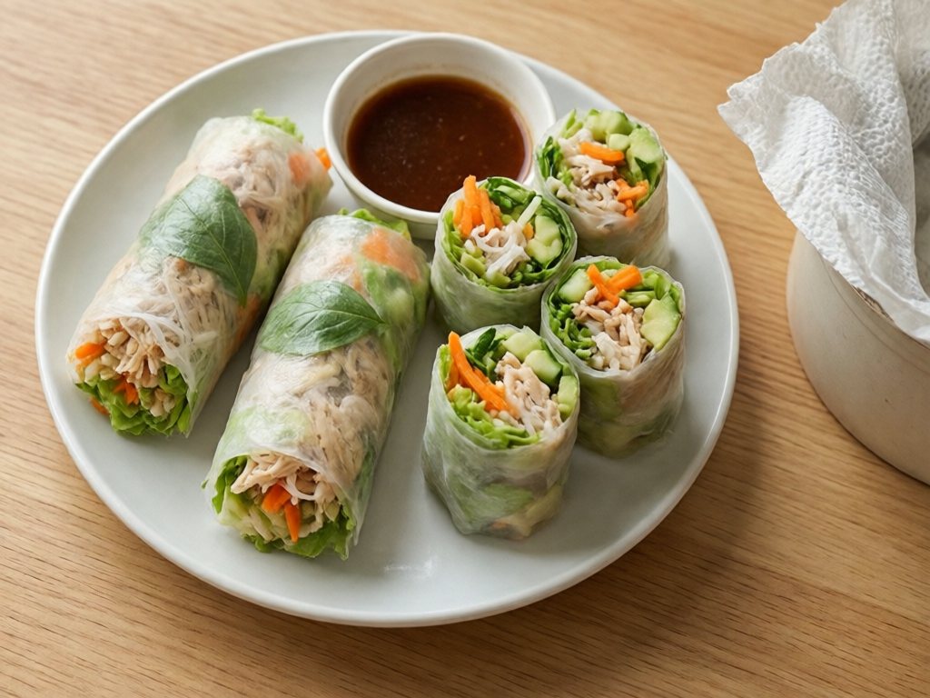 Rainbow rice paper rolls with chicken, vermicelli, carrot and herbs, cut into short pieces, with a dipping dish
