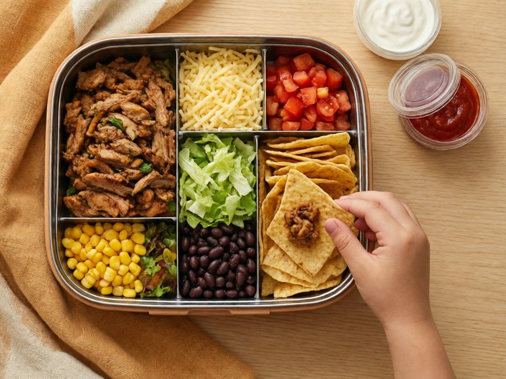 Bento box with taco meat, cheese, tomato, lettuce, beans, corn and tortilla chips for a picnic