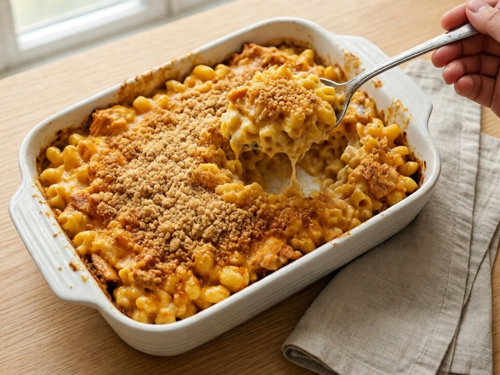 Baked buffalo chicken mac and cheese with golden panko crust in a white dish, one scoop lifted out