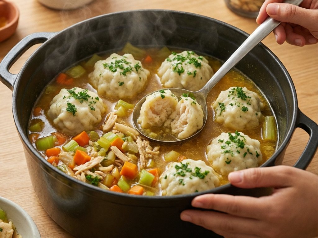 Dutch oven of chicken and dumplings with fluffy parsley dumplings in golden broth with carrots and celery