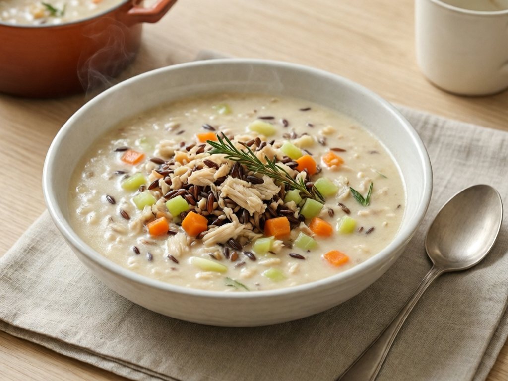 Bowl of creamy chicken and wild rice soup with carrots, celery and thyme