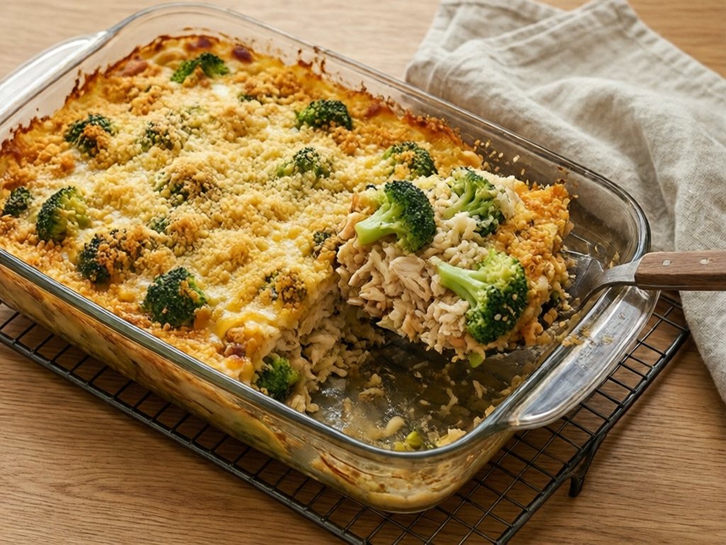 Baked chicken and broccoli casserole with a scoop removed showing rice and broccoli