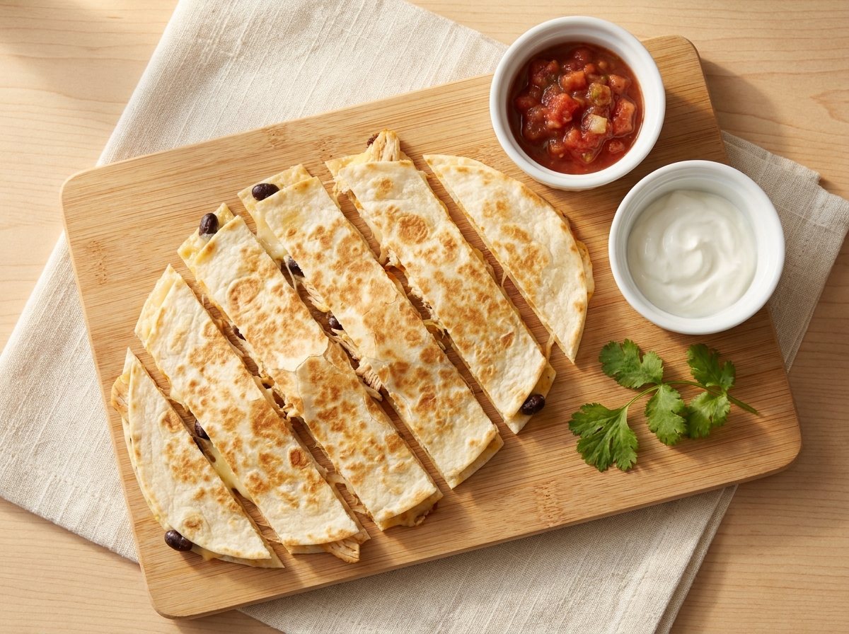 Chicken quesadilla cut into thin strips with salsa and sour cream