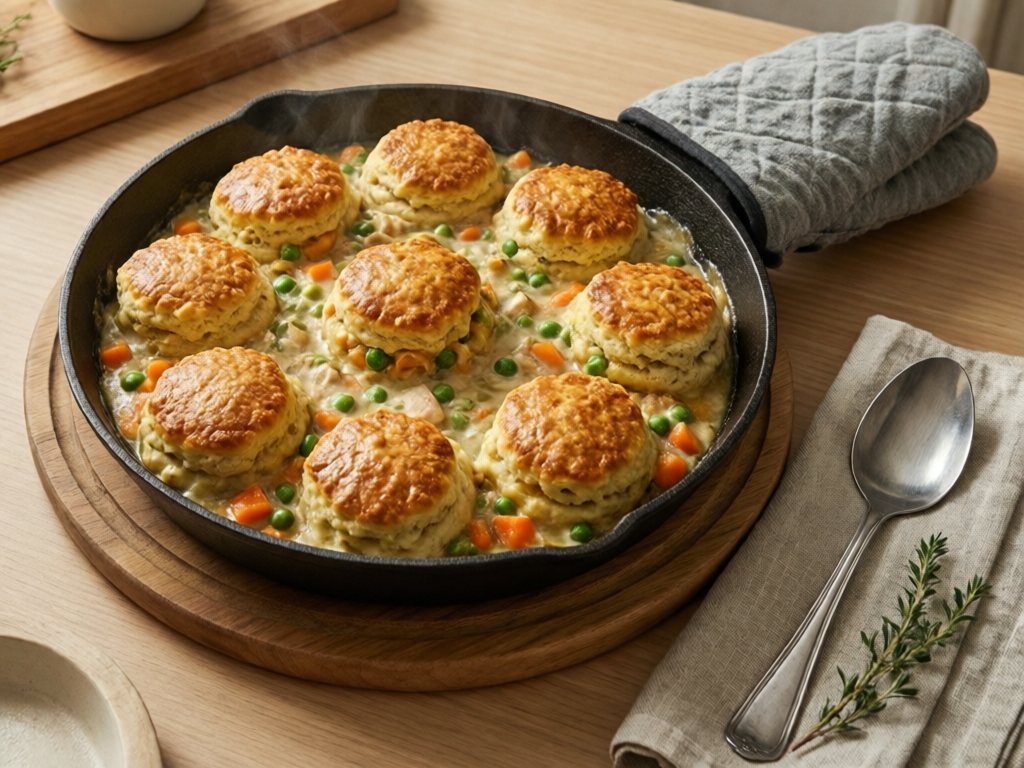 Chicken pot pie skillet topped with golden biscuits and an oven mitt on the handle