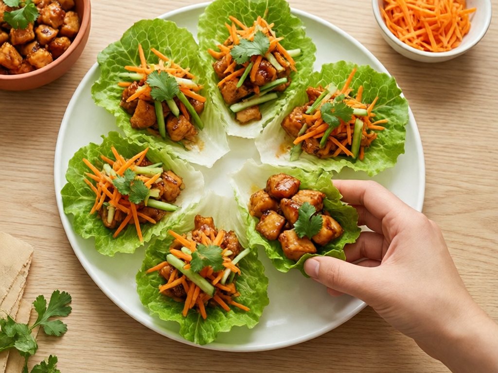 Platter of butter lettuce wraps filled with glazed chicken, carrots, cucumber and cilantro, with an adult hand folding one