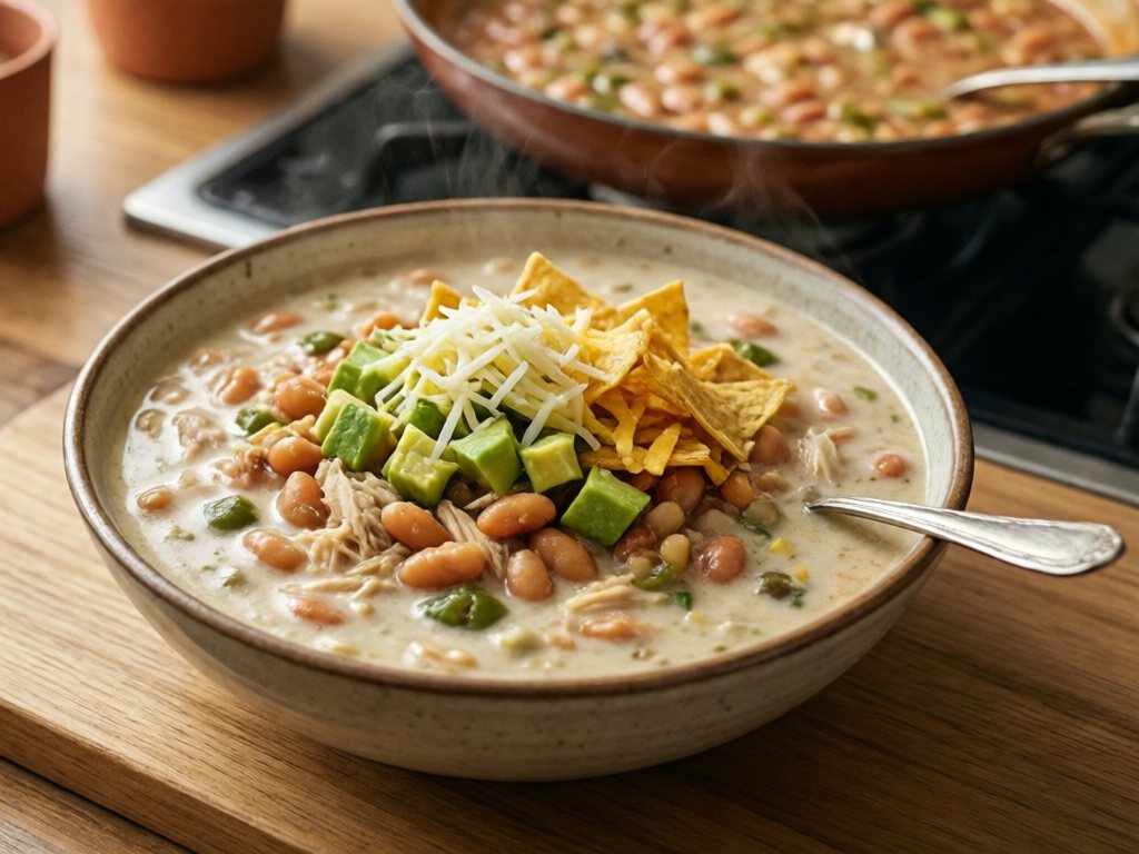 Bowl of creamy white chicken chili topped with Monterey Jack, diced avocado and crushed tortilla chips