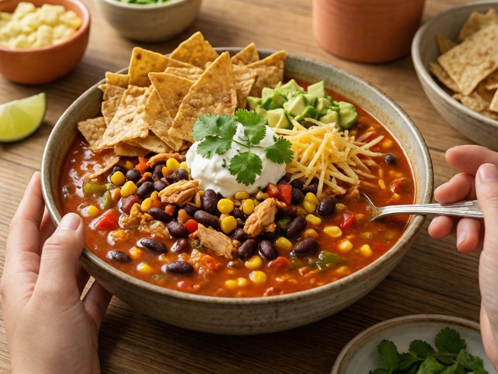 Bowl of Mexican chicken tortilla soup with beans, corn, avocado, cheese, sour cream and cilantro, topped with tortilla strips for an adult serving