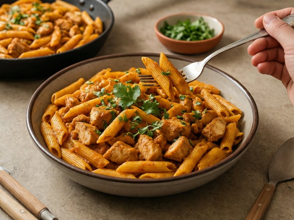 Bowl of penne in creamy tikka masala sauce with chicken pieces and fresh cilantro