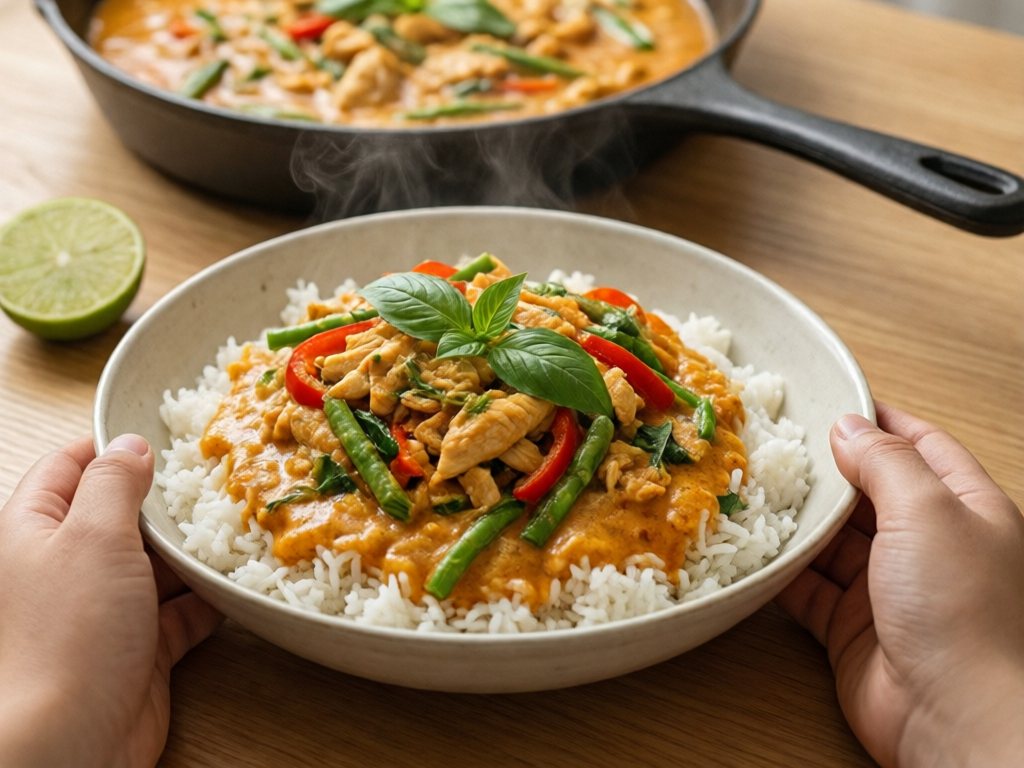 Bowl of Thai coconut chicken curry with bell pepper, green beans and basil over jasmine rice