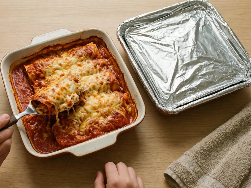 Two dishes of chicken enchiladas, one baked with melted cheese and one foil-wrapped for freezing