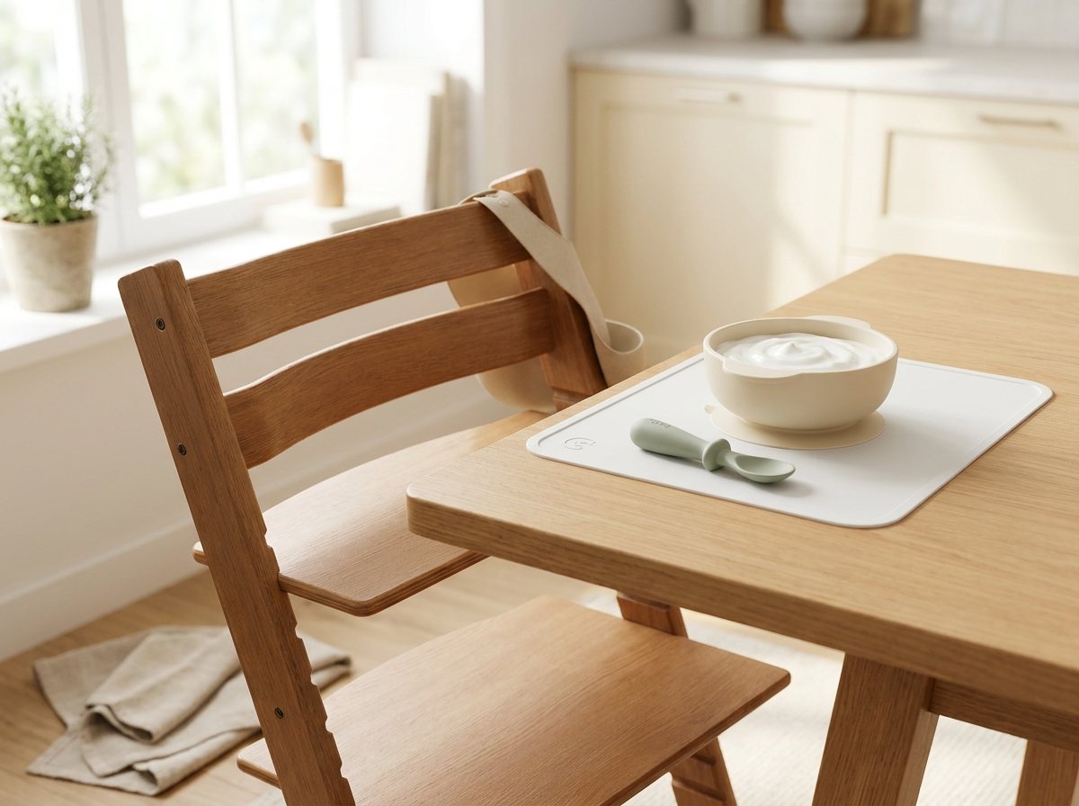 Toddler spoon station with suction bowl of yogurt, chunky spoon, pocket bib, and footrest chair