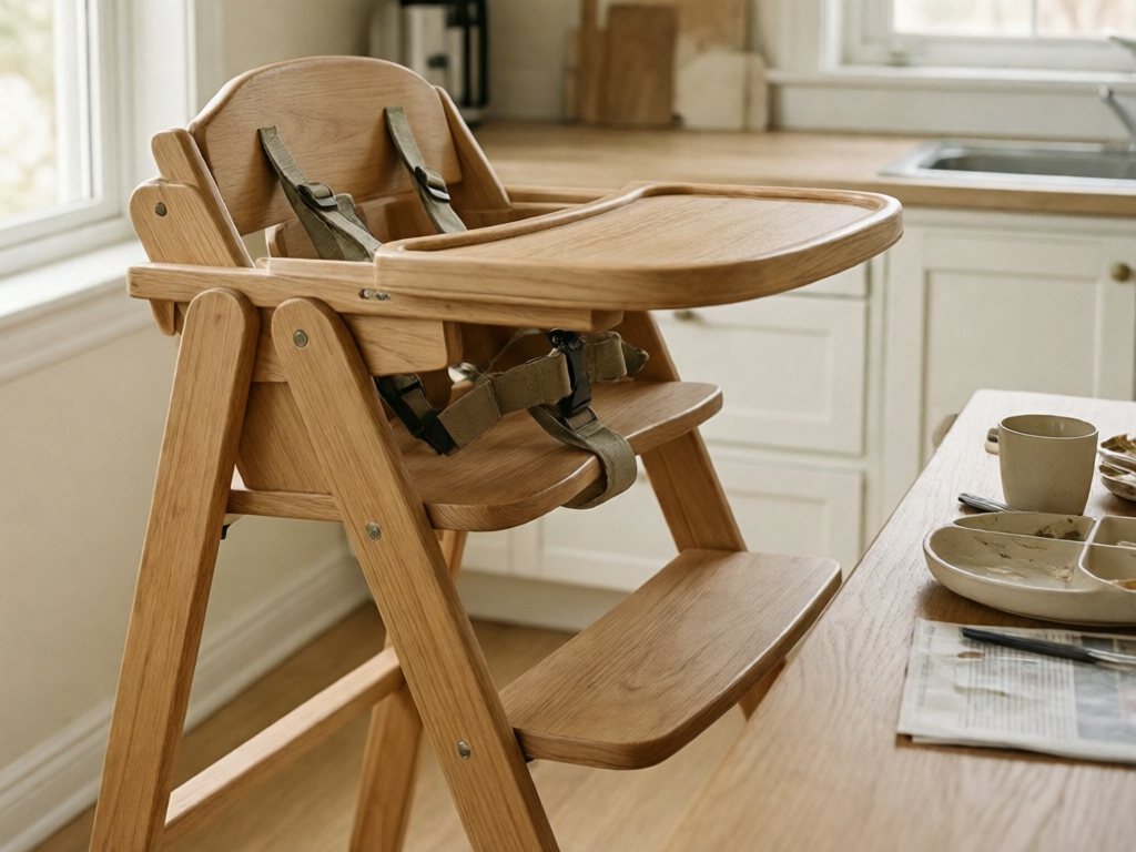 Empty wooden high chair with adjustable footrest and tray at elbow height beside a kitchen table