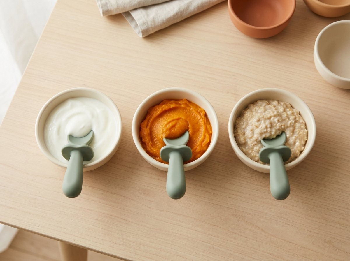 Three bowls of thick yogurt, mashed sweet potato, and oatmeal, each with a chunky toddler spoon