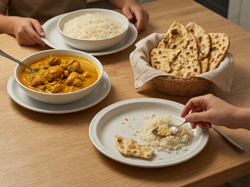 Curry, plain rice, and naan bread on a family table with a child's plate holding rice and naan