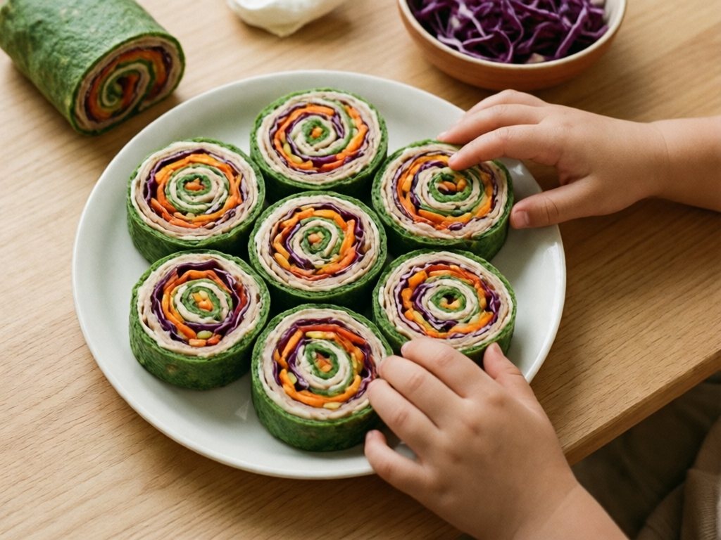 Green tortilla roll-up cut into 1-inch rounds showing a rainbow spiral of veggies and turkey on a white plate, with a child's hands reaching for one
