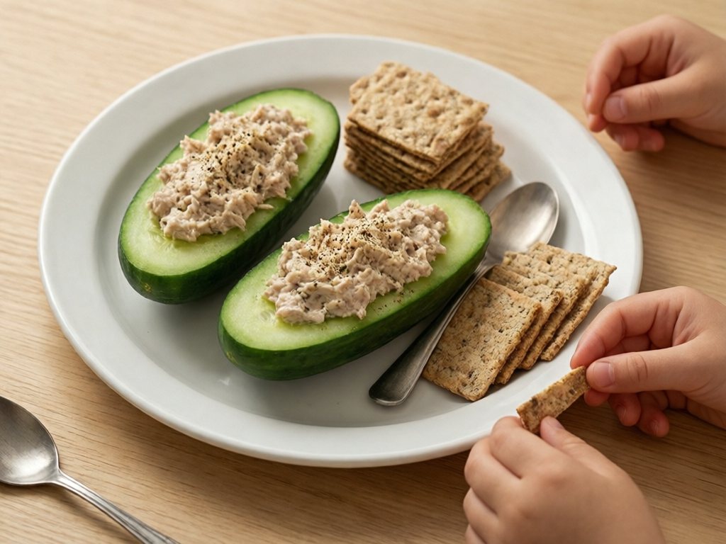 Cucumber boats filled with tuna salad beside whole-grain crackers on a white plate