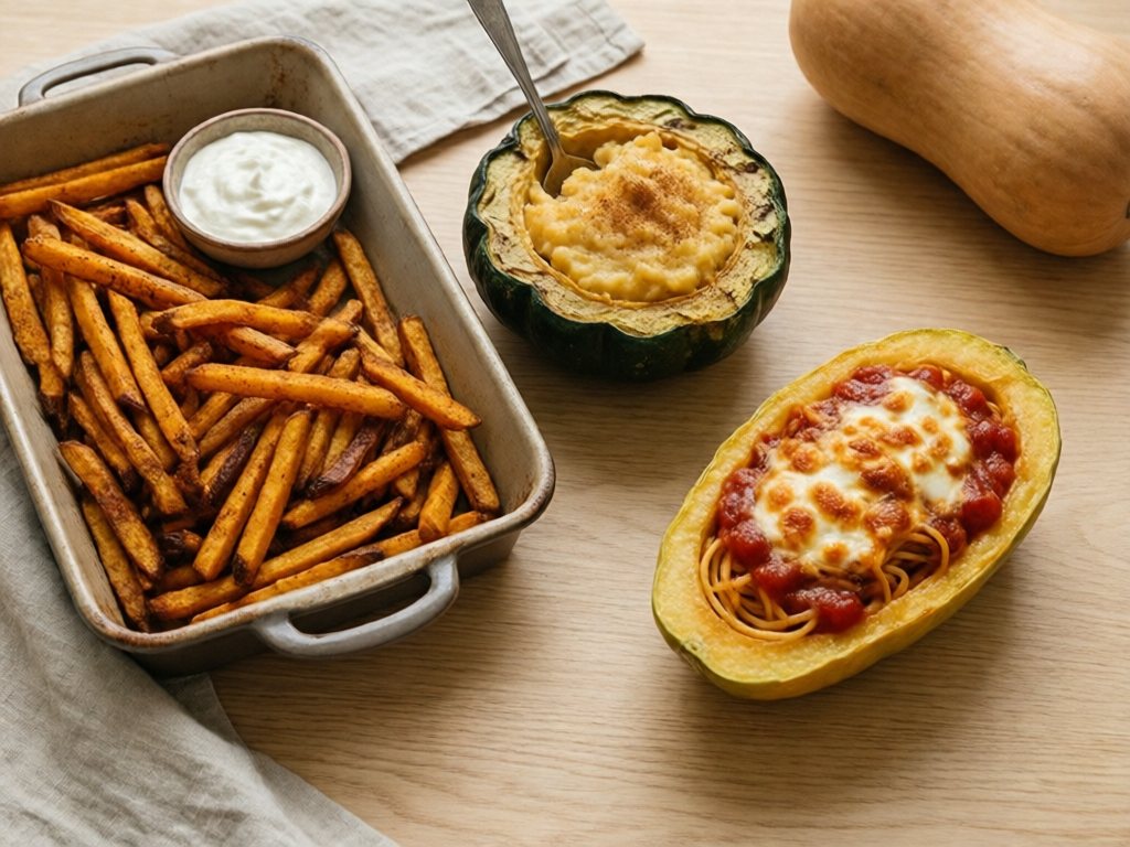 Butternut fries with dip, acorn squash mash in its shell and a cheesy spaghetti squash boat on a wooden table