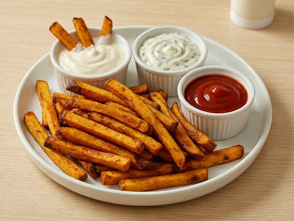 Golden butternut squash fries on a plate with three small dipping bowls