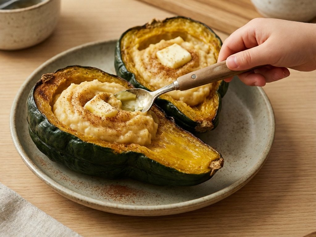 Roasted acorn squash halves filled with creamy mash and a small spoon