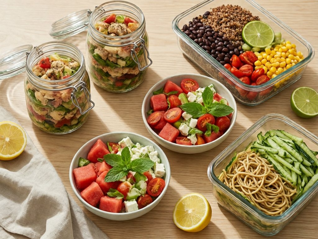 Overhead view of glass jars and containers of summer meal prep salads, quinoa, noodles and watermelon feta salad