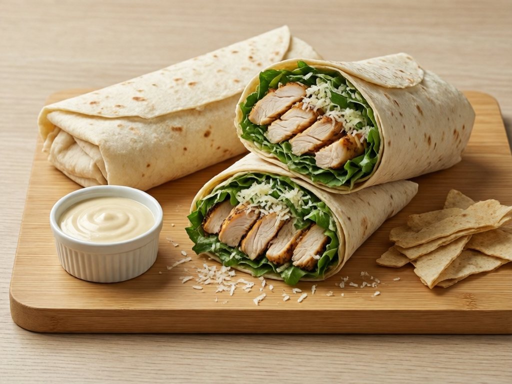 Sliced chicken Caesar wraps on a wooden board with a small bowl of dressing