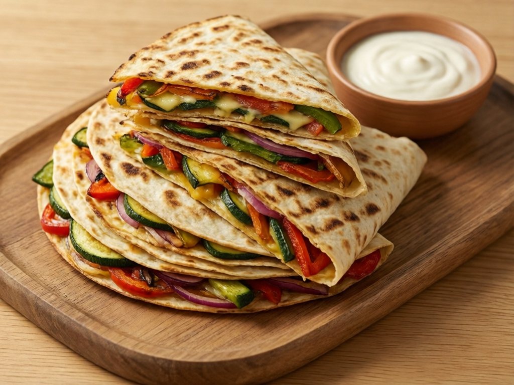Cut grilled veggie quesadilla wedges with melted cheese on a wooden board