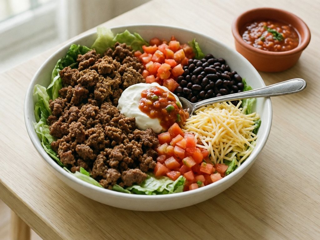 Taco salad bowl with ground beef, beans, diced tomato, cheese and sour cream