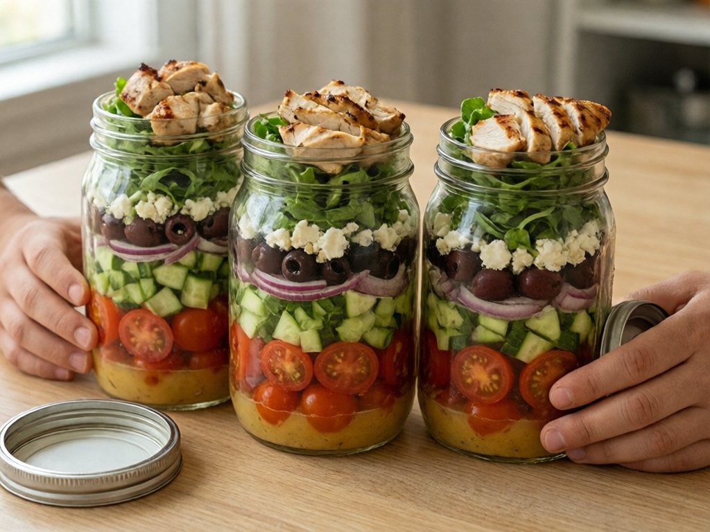 Three mason jars layered with Greek dressing, tomatoes, cucumber, olives, feta, romaine and grilled chicken