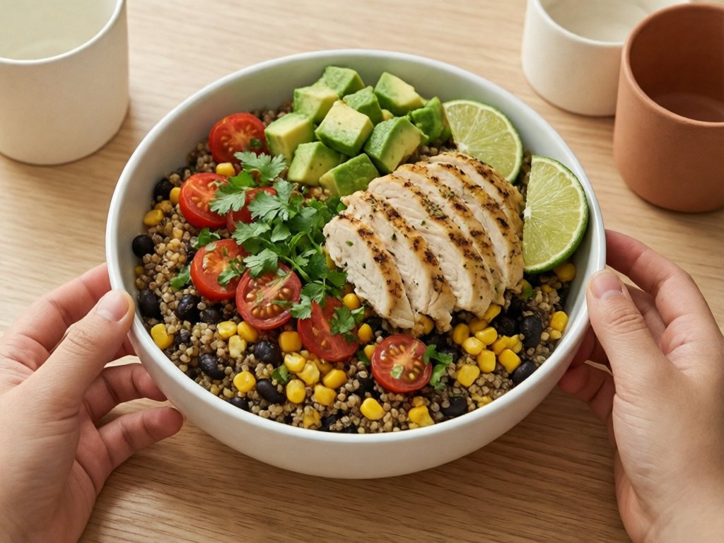 Bowl of quinoa with black beans, corn, tomatoes, avocado and grilled chicken with a lime wedge