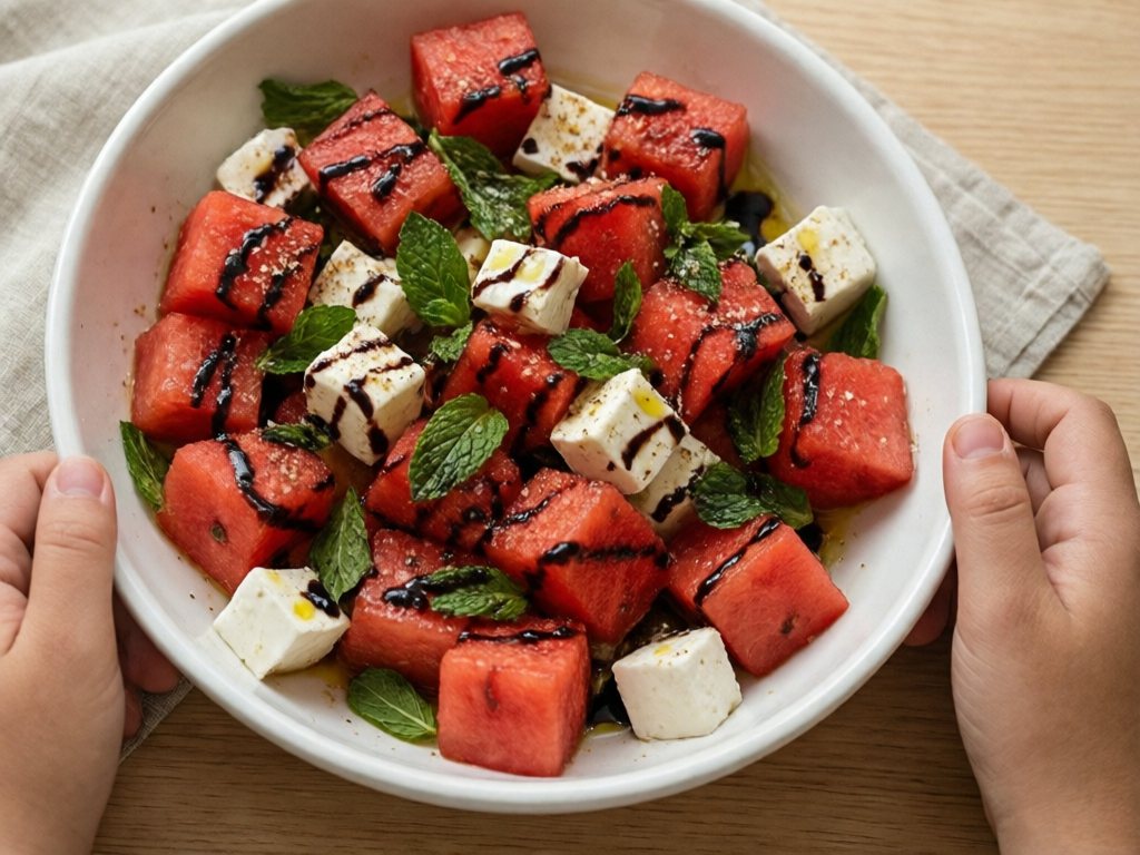 Bowl of watermelon and feta cubes with mint and balsamic glaze