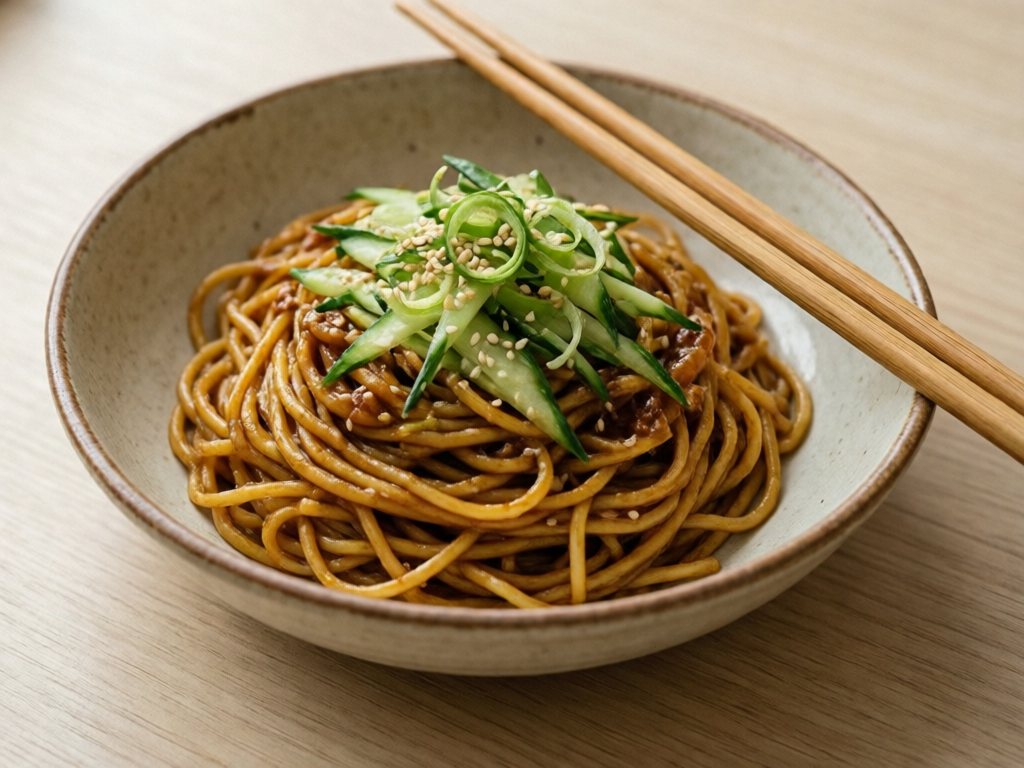 Bowl of cold sesame noodles topped with cucumber, green onion and sesame seeds