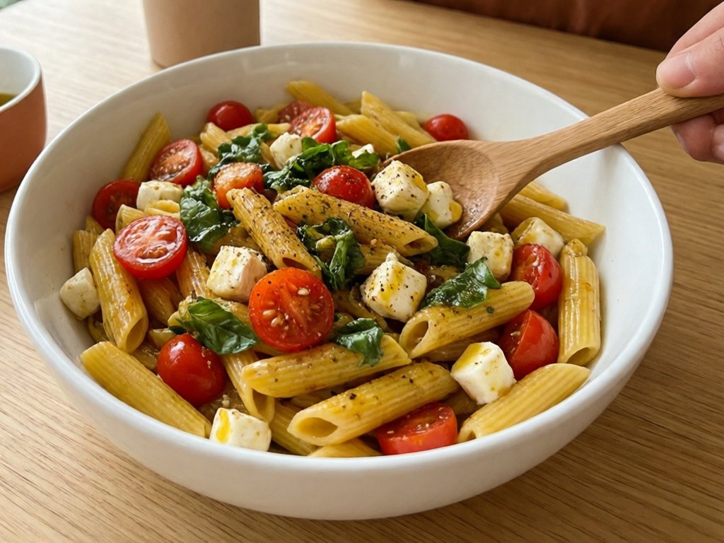 Bowl of penne pasta salad with tomatoes, mozzarella cubes and fresh basil