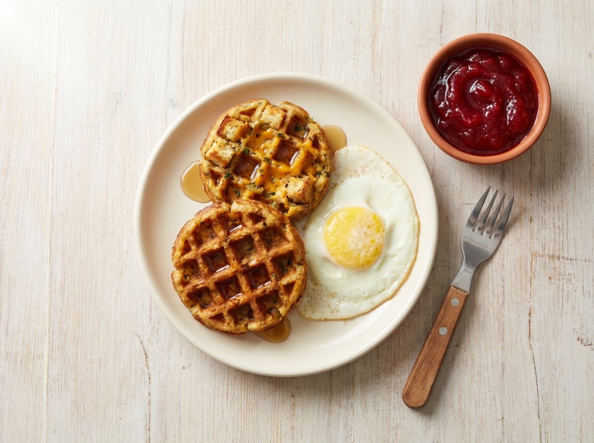Golden stuffing waffles with a fully cooked fried egg and maple syrup on a white plate