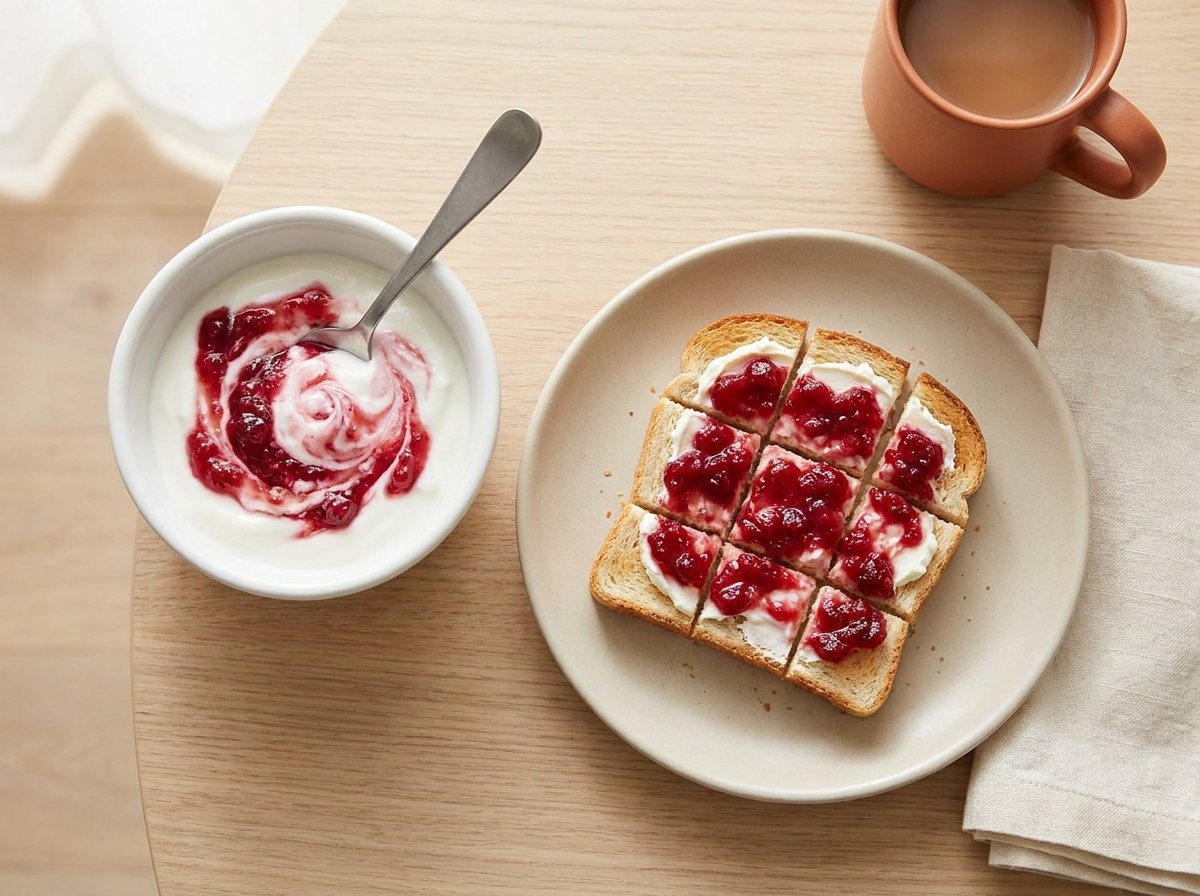 Bowl of yogurt with cranberry sauce swirl and cranberry cream cheese toast