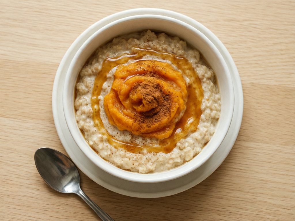 Bowl of creamy oatmeal swirled with orange sweet potato and cinnamon