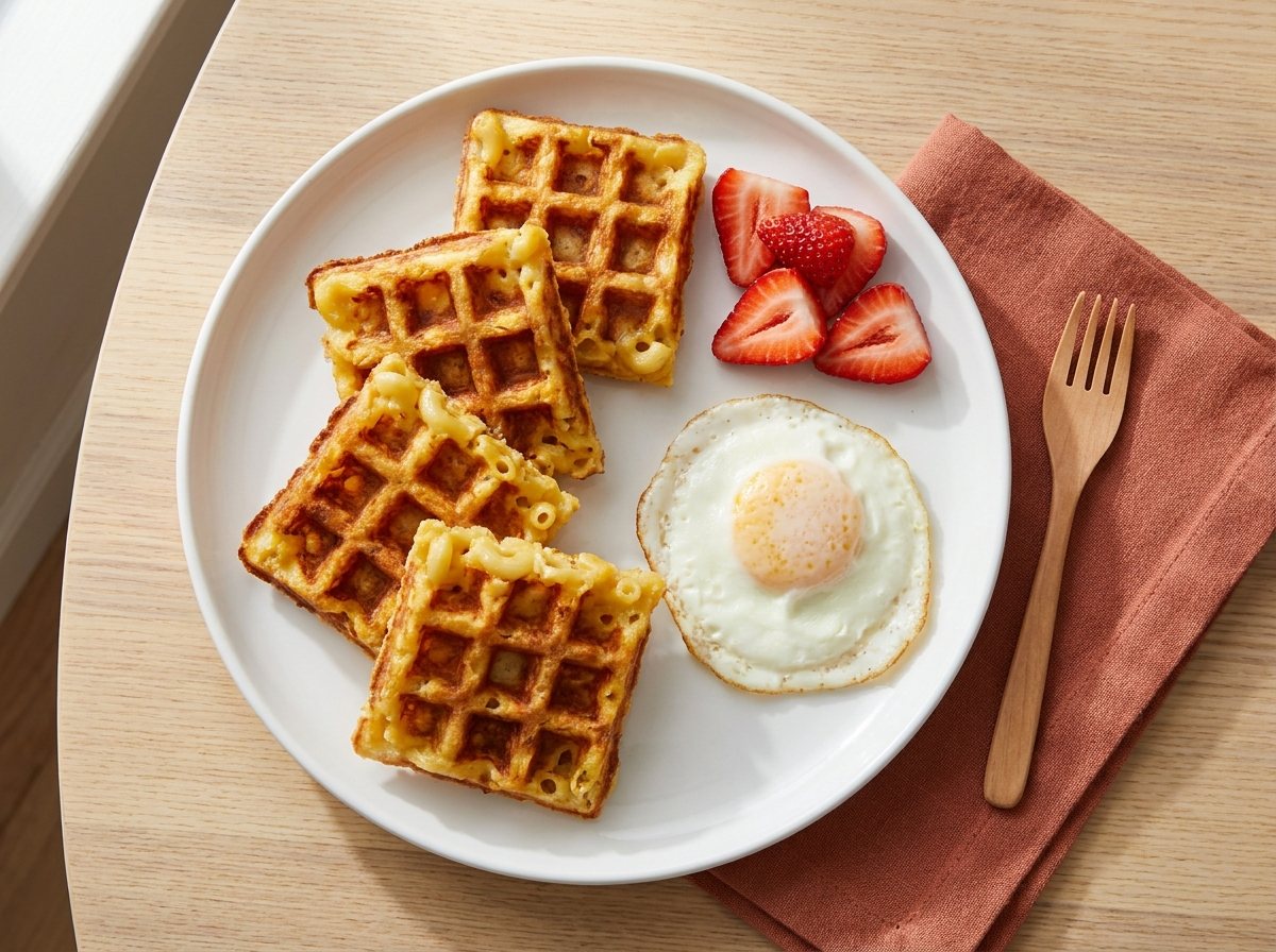 Crispy mac and cheese waffle squares with a fried egg and strawberries