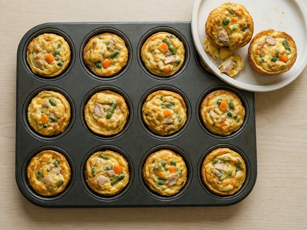 Muffin tin of puffed veggie egg muffins with two on a plate