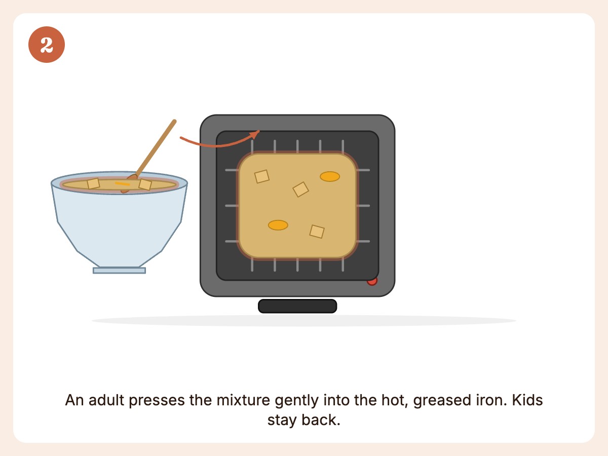 Step 2: Adult packs ½ to ¾ cup into the greased, preheated waffle iron