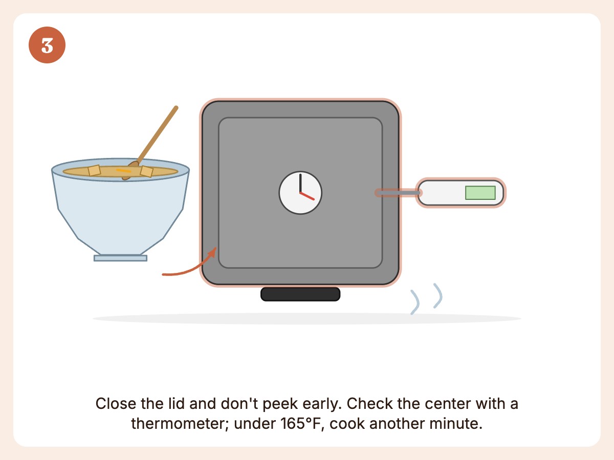 Step 3: Cook 4 to 6 minutes until deeply golden and crisp, checking the center reaches 165°F