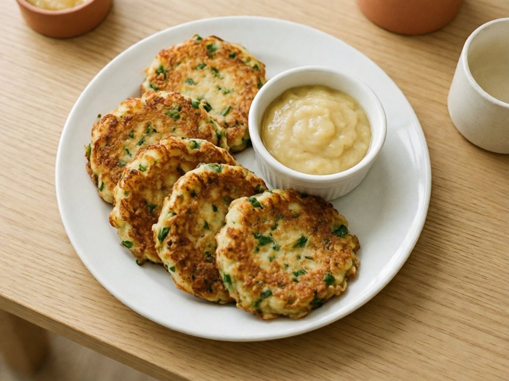 Golden crispy mashed potato pancakes with chives on a white plate beside a small bowl of applesauce