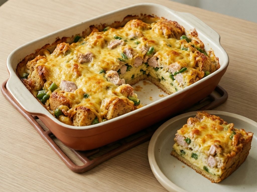 Baked Thanksgiving leftovers breakfast casserole with one square cut out