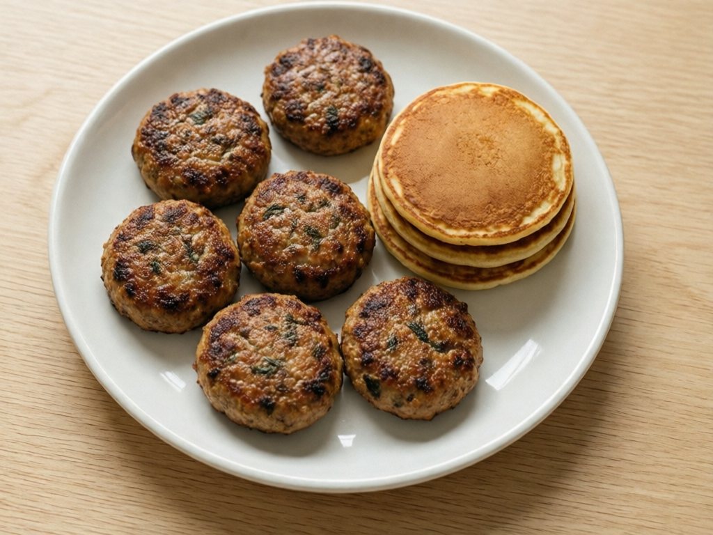 Small browned turkey breakfast patties on a white plate beside pancakes