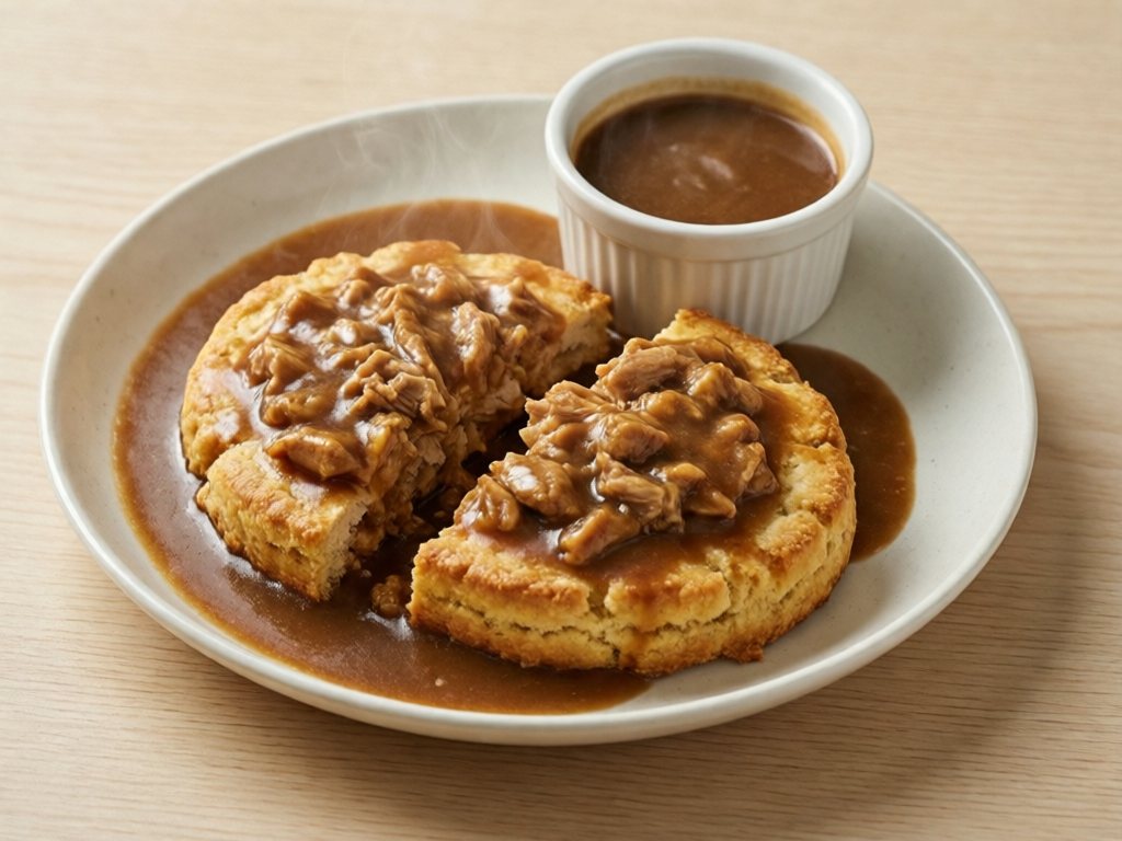 Split biscuit covered in turkey gravy with a small dipping ramekin of gravy