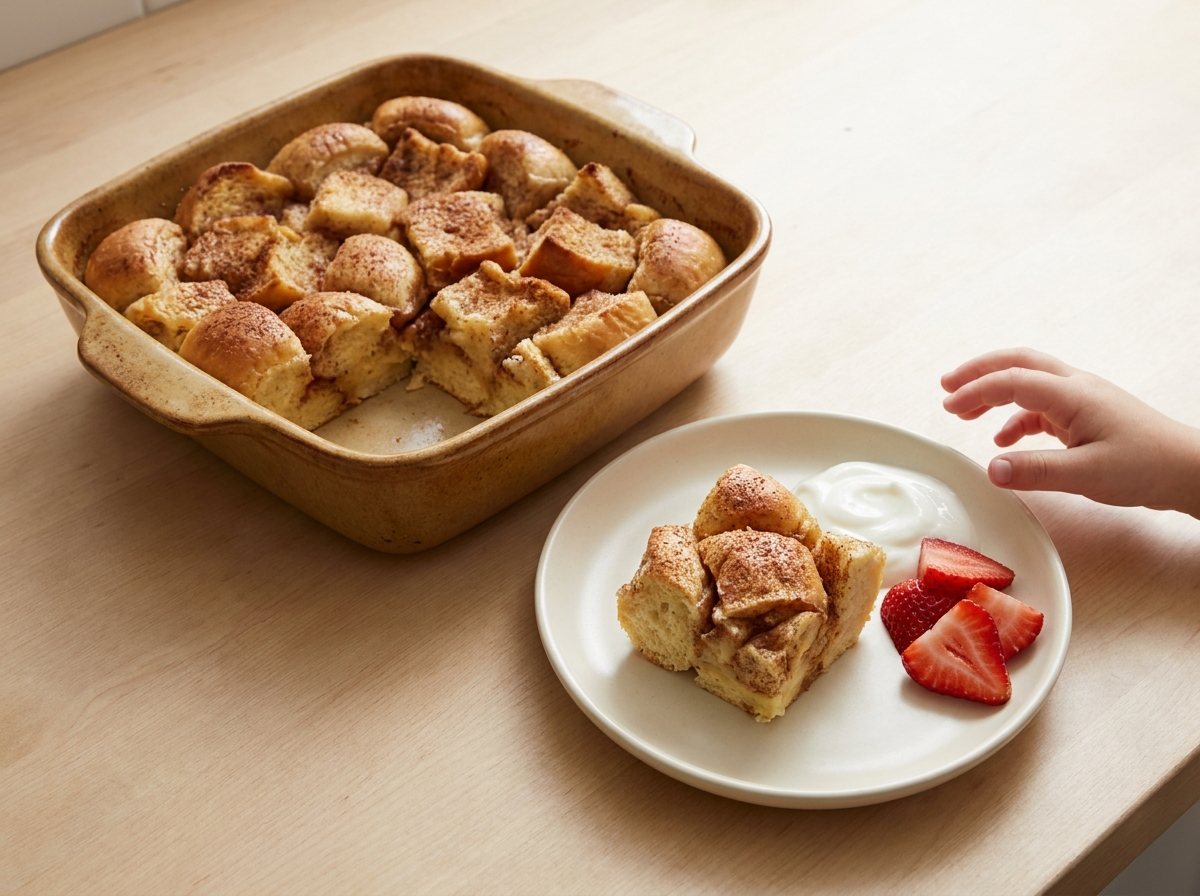 Golden baked roll French toast served with yogurt and strawberries