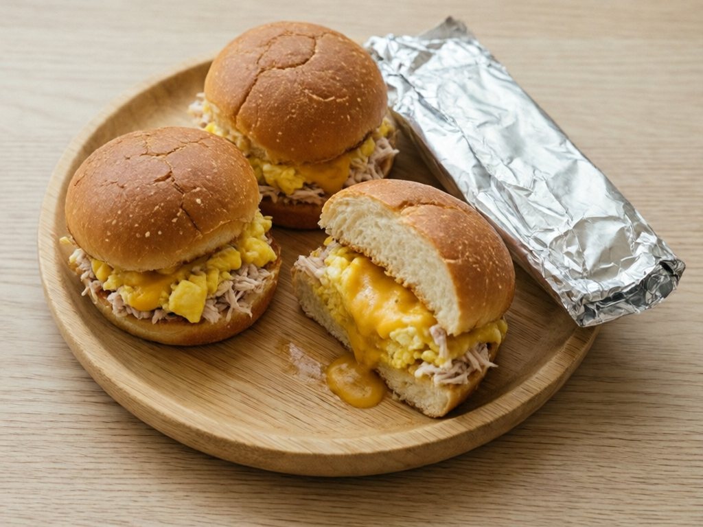Mini toasted dinner roll sliders with egg, cheese and shredded turkey