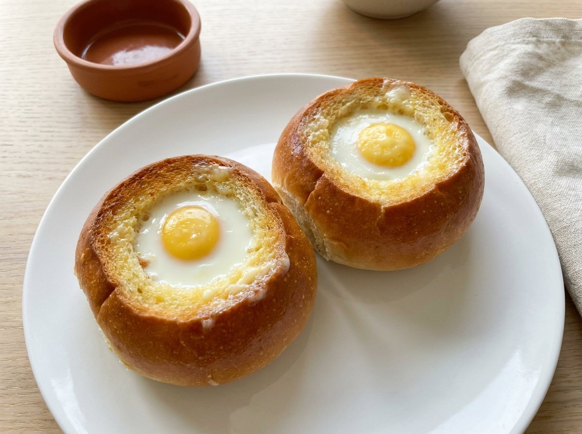 Two dinner rolls each holding a fully cooked egg in the center