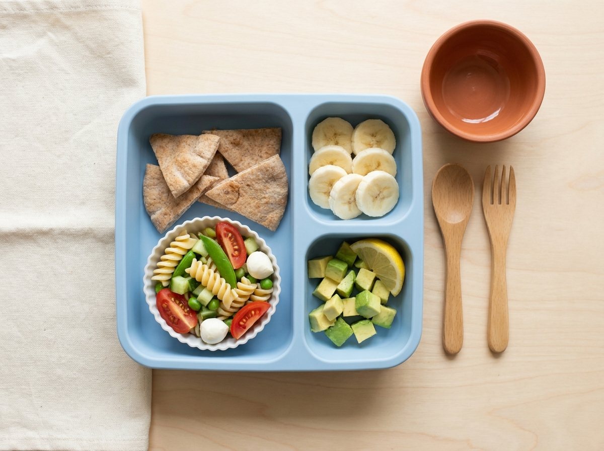 Bento box with pasta salad cup, pita triangles, banana slices and diced avocado