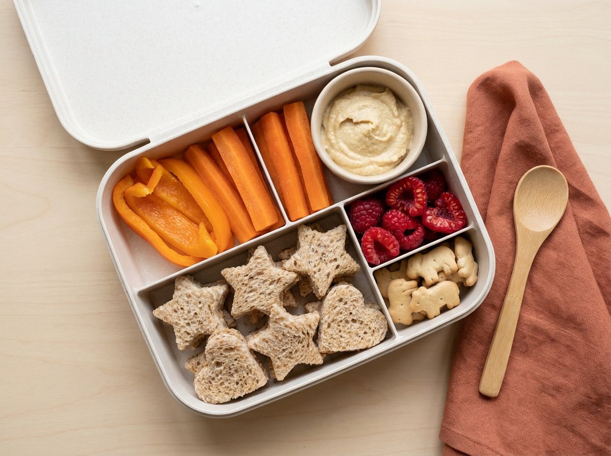 Bento box with small shaped sandwich pieces, hummus, soft carrots, pepper, halved raspberries and animal crackers